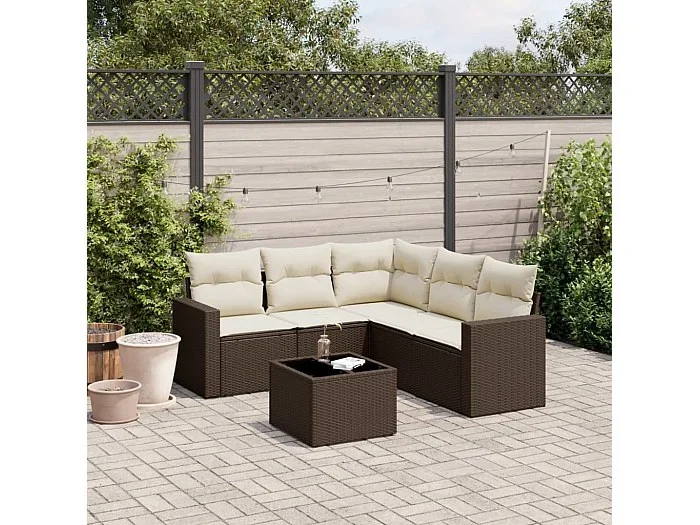 Set sofás de jardín 6 piezas y cojines ratán sintético marrón