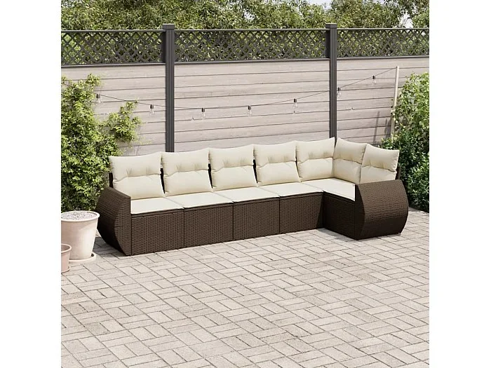 Set sofás de jardín 6 piezas y cojines ratán sintético marrón