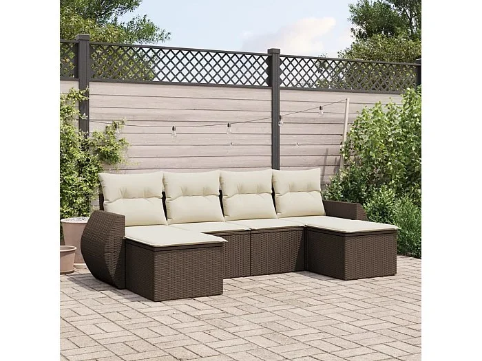 Set sofás de jardín 6 piezas y cojines ratán sintético marrón