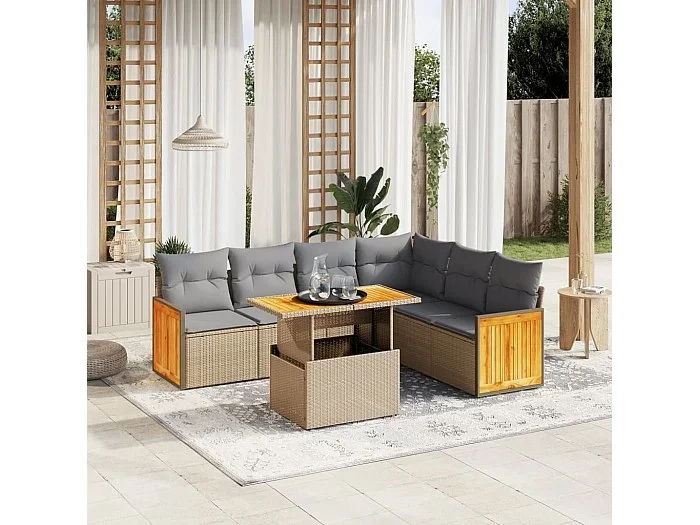 Set sofás de jardín 7 piezas y cojines ratán sintético beige