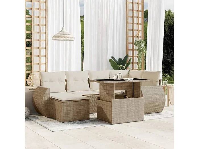 Set sofás de jardín 7 piezas y cojines ratán sintético beige