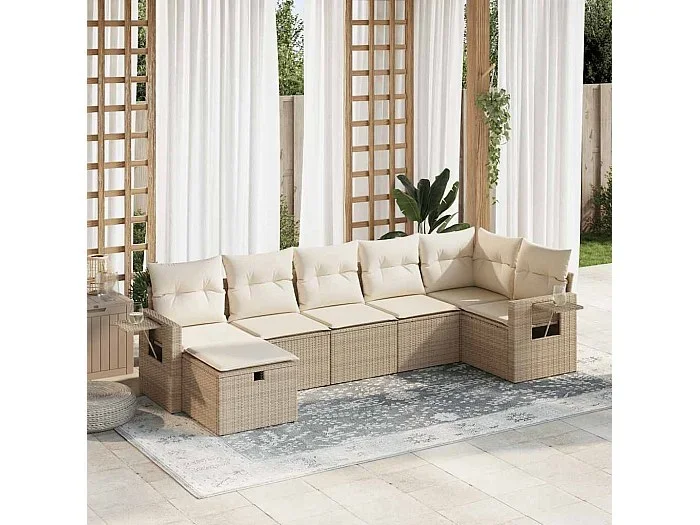 Set sofás de jardín 7 piezas y cojines ratán sintético beige