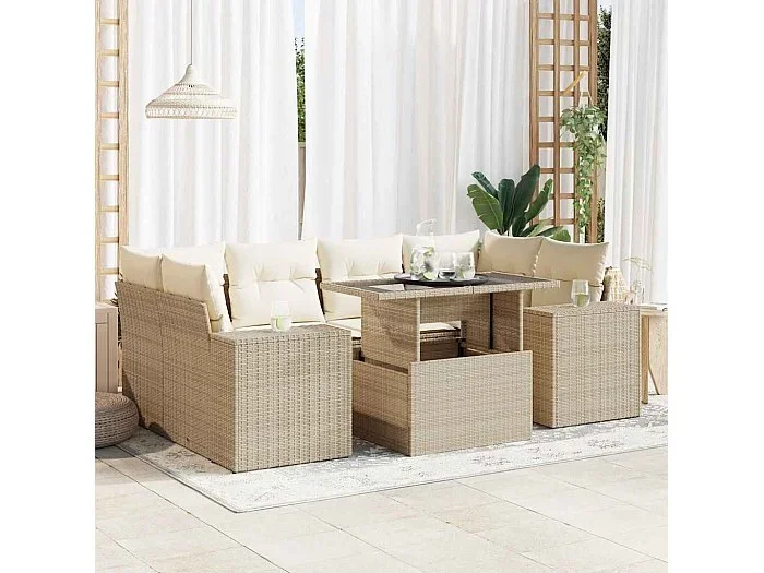 Set sofás de jardín 7 piezas y cojines ratán sintético beige