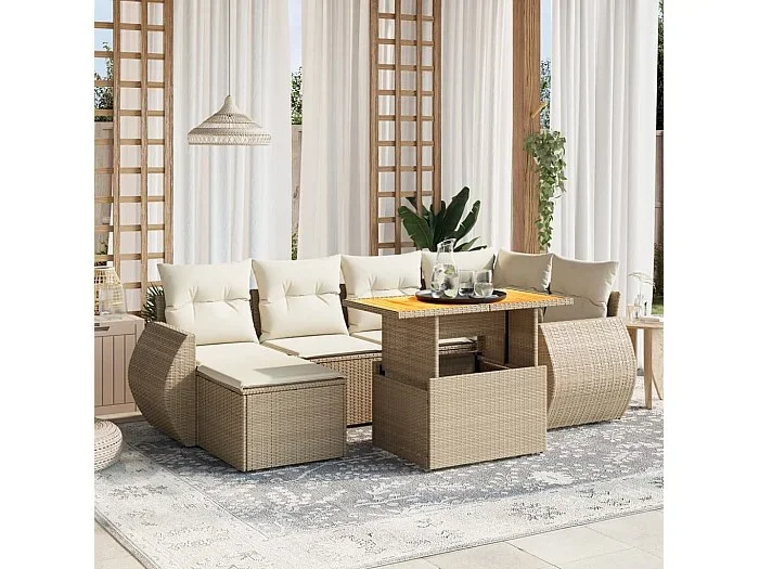 Set sofás de jardín 7 piezas y cojines ratán sintético beige