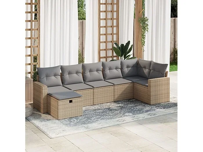 Set sofás de jardín 7 piezas y cojines ratán sintético beige