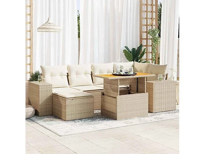 Set sofás de jardín 7 piezas y cojines ratán sintético beige