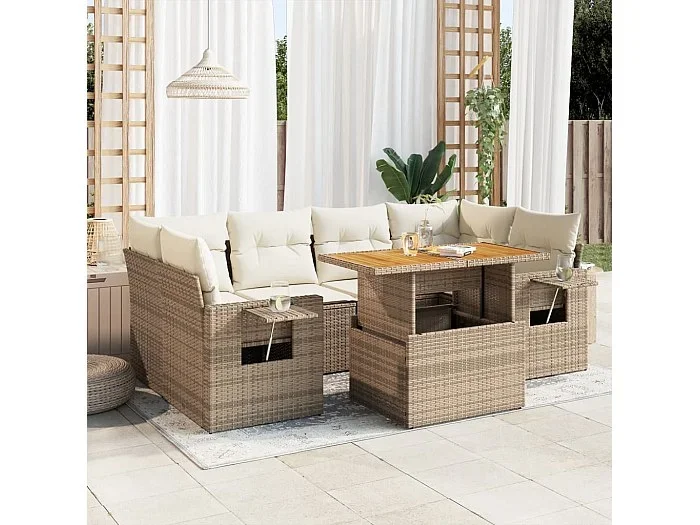 Set sofás de jardín 7 piezas y cojines ratán sintético beige