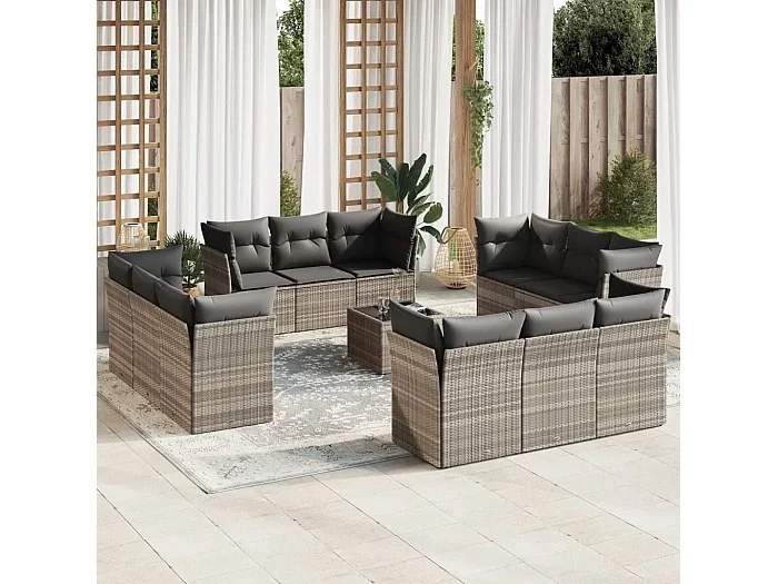 Set sofás de jardín con cojines 13 piezas ratán sintético gris