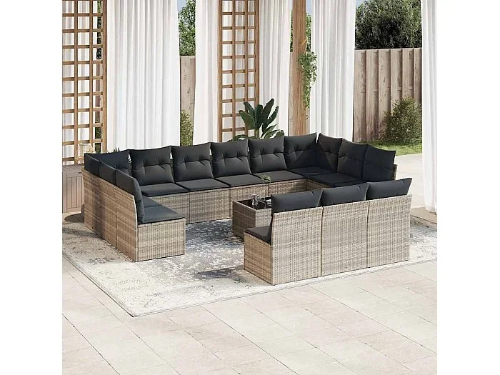 Set sofás jardín 14 piezas con cojines ratán sintético gris claro