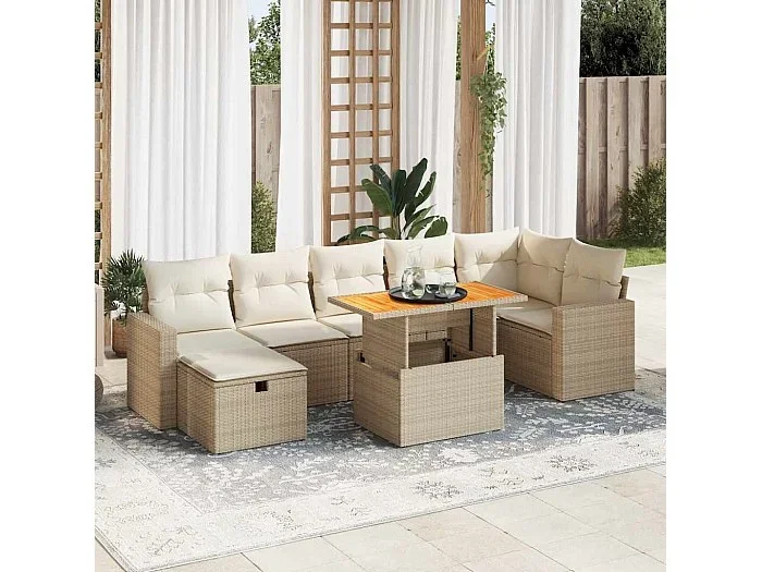 Set sofás jardín y cojines 5 piezas ratán sintético acacia beige