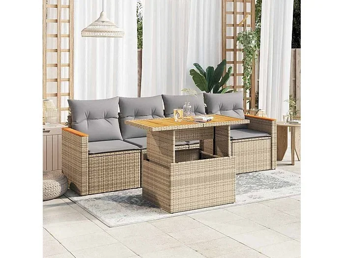 Set sofás jardín y cojines 5 piezas ratán sintético acacia beige
