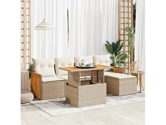 Set sofás jardín y cojines 6 piezas ratán sintético acacia beige
