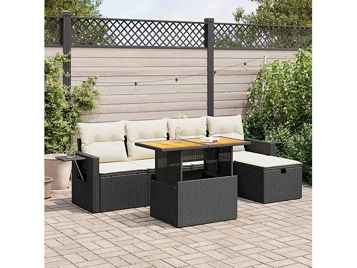 Set sofás jardín y cojines 6 piezas ratán sintético acacia negro