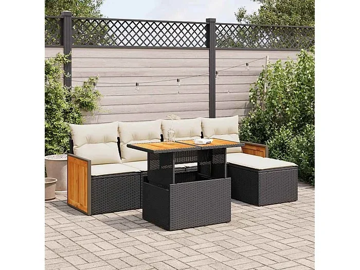 Set sofás jardín y cojines 6 piezas ratán sintético acacia negro
