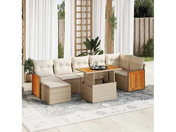 Set sofás jardín y cojines 7 piezas ratán sintético acacia beige