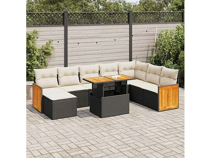 Set sofás jardín y cojines 7 piezas ratán sintético acacia negro