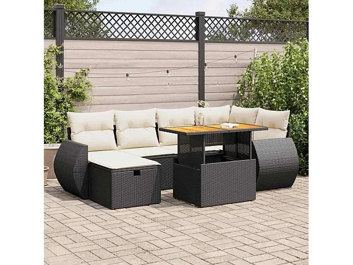 Set sofás jardín y cojines 8 piezas ratán sintético acacia negro