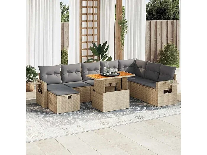 Set sofás jardín y cojines 9 piezas ratán sintético acacia beige