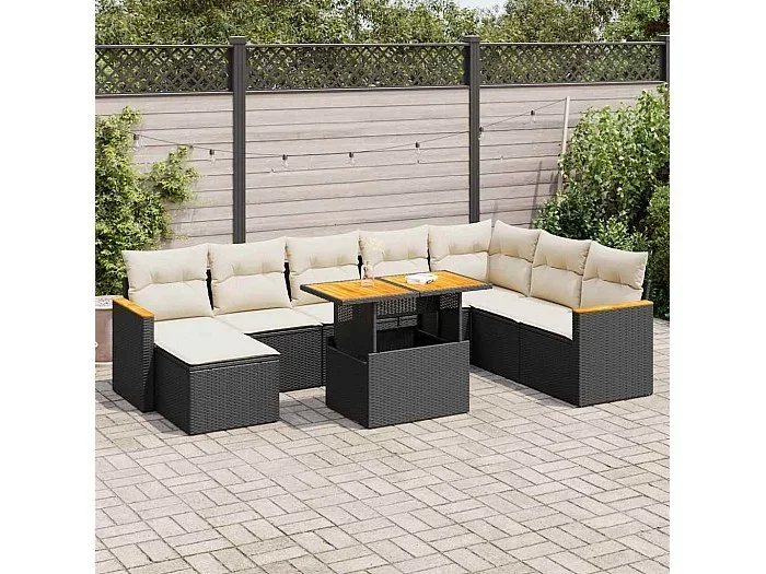 Set sofás jardín y cojines 9 piezas ratán sintético acacia negro