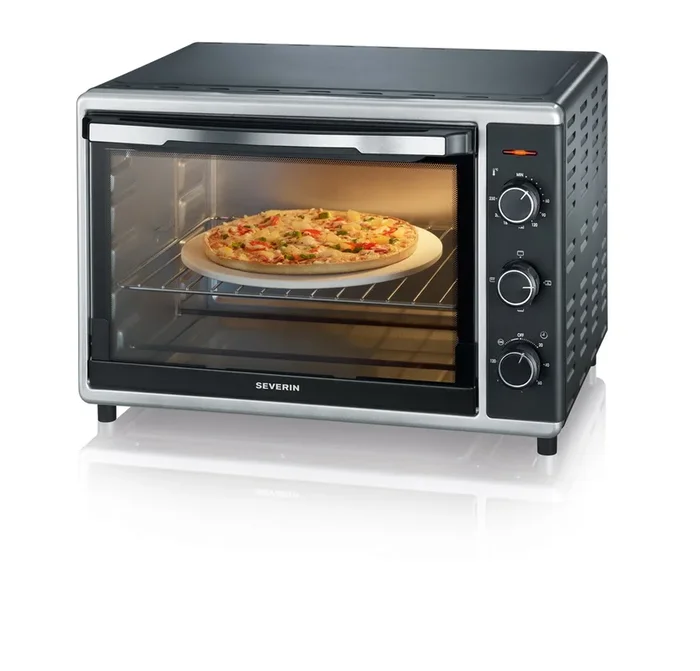 SEVERIN Horno tostador sobremesa de 42 l, mini horno de convección con grill, asador giratorio y piedra natural para pizza, cocción con aire caliente, 42×51,5×36,5 cm, negro, 1800 W, TO 2058