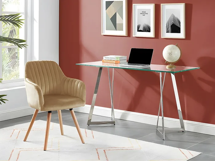Silla con brazos ELEANA – Terciopelo y metal con efecto madera – Beige