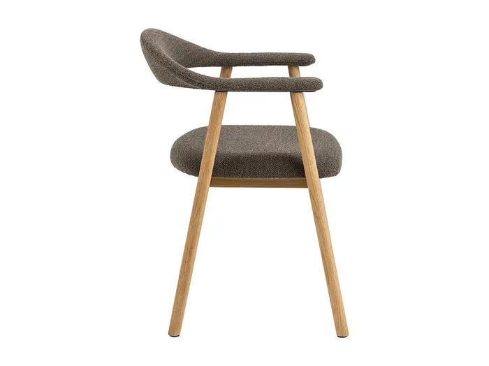 Silla de comedor Addi con reposabrazos bouclé gris.