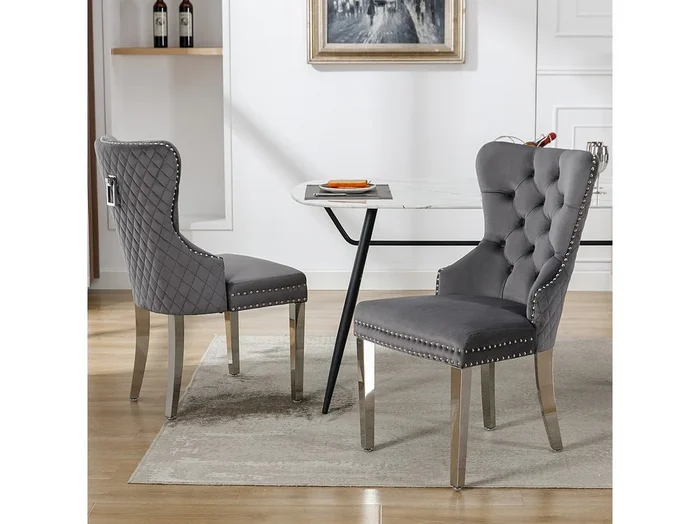 Silla de comedor de terciopelo con patas de metal, diseño elegante, cómoda para cocina, sala de estar, gris, juego de 2