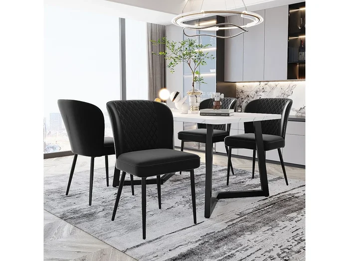 Silla de comedor de terciopelo negro con cómodo respaldo alto y moderna estructura de metal 47x43x86 cm juego de 4