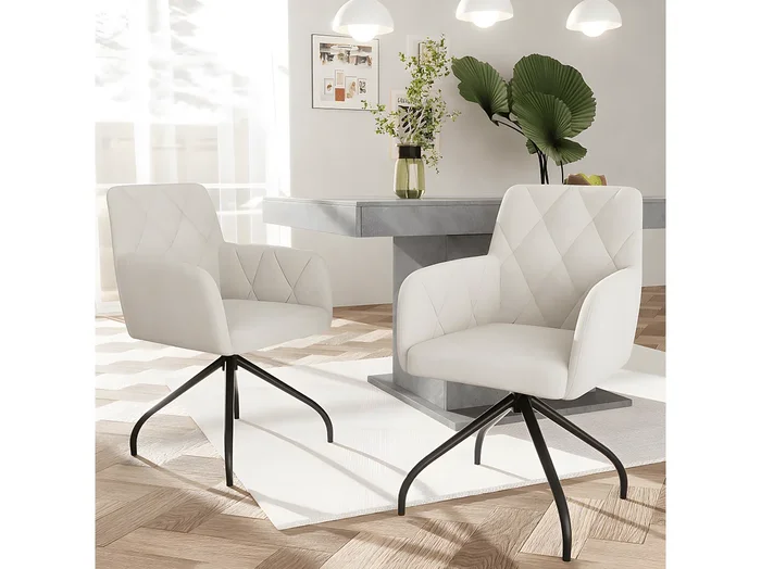 Silla de comedor giratoria 360° con rombos (juego de 4), sillón tapizado, sillón moderno, terciopelo, beige