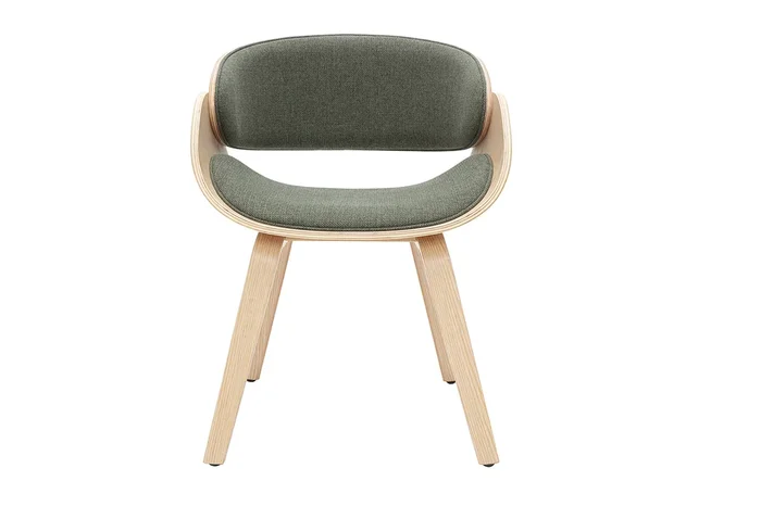 Silla de diseño en tela verde caqui y madera clara BENT