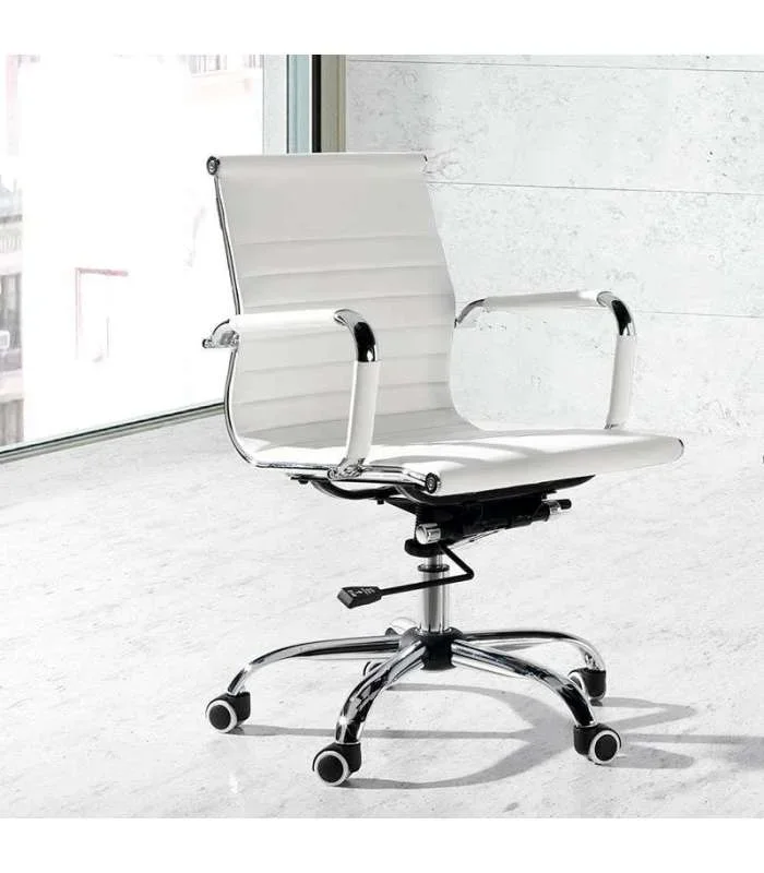Silla despacho giratoria elevable acabado simil piel blanco, 58 cm(ancho) 90/97 cm(altura) 64 cm(fondo)
