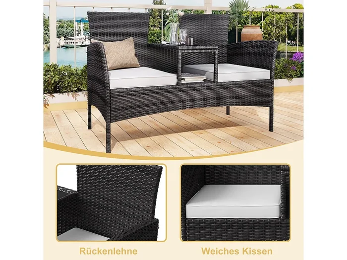 Silla doble de ratán para exterior con mesa de vidrio templado, moderna zona de estar para jardín, césped y patio (blanca).