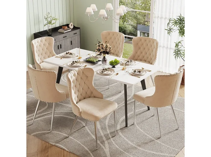 Sillas de comedor de terciopelo de alta gama, 2 piezas, diseño ergonómico, patas de metal ajustables, beige, 54 x 54 x 85,5 cm, juego de 6