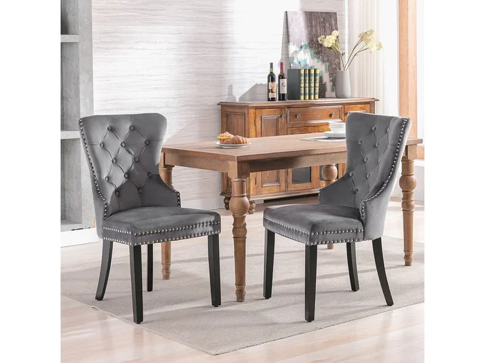 Sillas de terciopelo gris con tachuelas decorativas, aro de metal, patas de madera, comedor, juego de 2