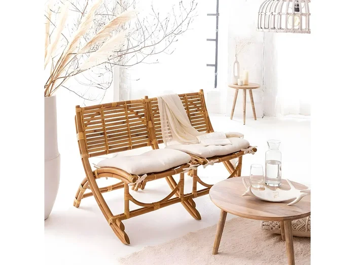 Sillón de cine de ratán para 2 personas Mayeul con almacenamiento – Estilo bohemio vintage cómodo para noches de cine y sesiones de lectura