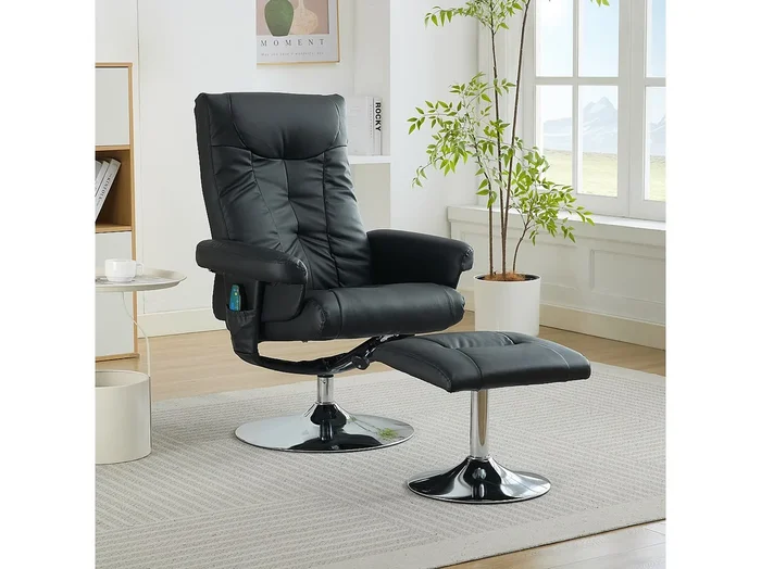 Sillón de masaje relajante con calefacción y reposapiés, giratorio 360°, de poliuretano, ideal para salón y oficina, color negro