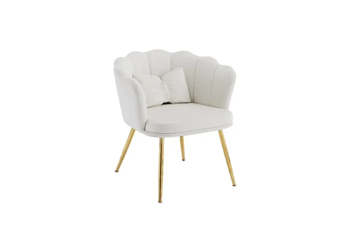 Sillón de terciopelo con cojín de mariposa,respaldo de pétalos y patas de metal dorado,blanco