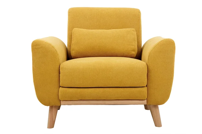 Sillón diseño tejido efecto terciopelo amarillo mostaza y patas roble EKTOR