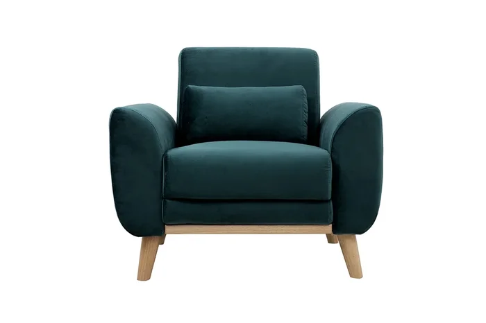 Sillón diseño tejido efecto terciopelo azul petróleo y patas roble EKTOR