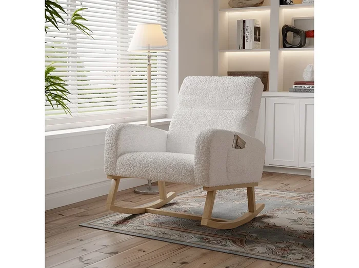 Sillón mecedora, sillón relax, sillón lounge, reposabrazos, con bolsillos y patas de madera, terciopelo Teddy beige, carga máxima 150 kg
