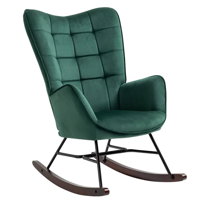 Sillón Mecedora Tapizado En Terciopelo Verde Con Diseño Moderno Y Respaldo Alto Ergonómico, Patas De Madera Estable Y Capacidad Hasta 120 Kg, Perfecto Para Salón Dormitorio O Zona De Lectura