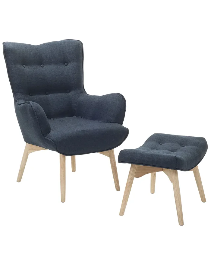 Sillón orejero VEJLE con reposapiés Tela Azul oscuro
