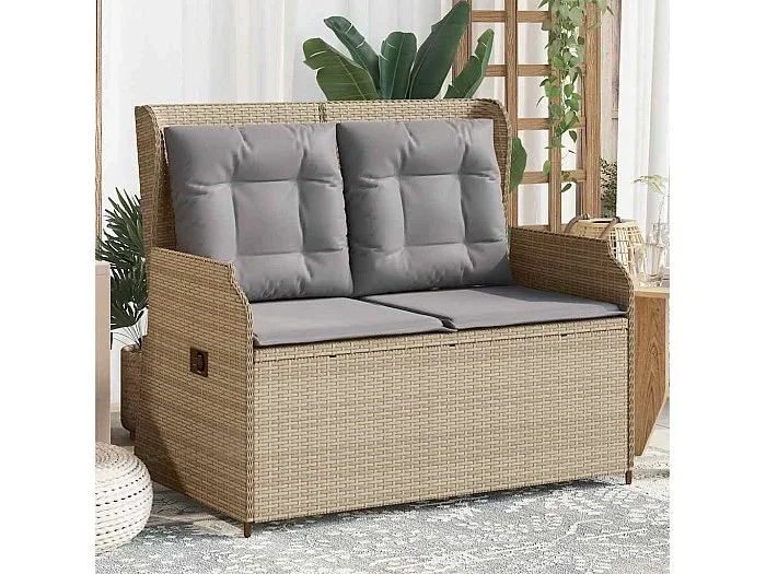 Sillón reclinable de jardín con cojines ratán sintético beige