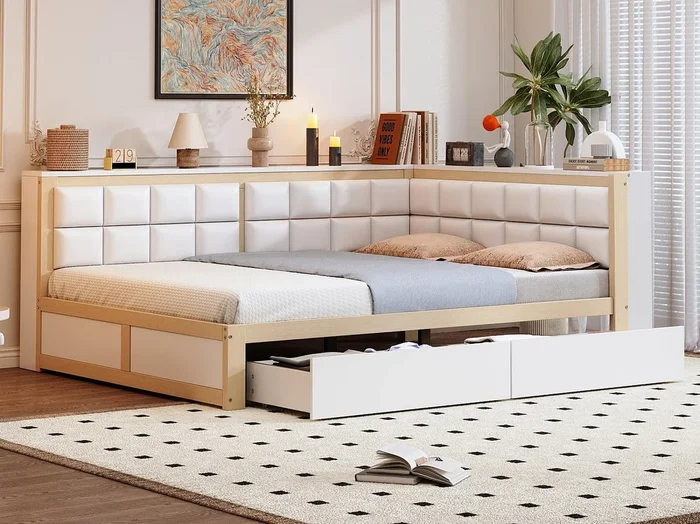 Sofá cama 140×200 cm – con respaldo acolchado – con 2 cajones – con somier de láminas – blanco + natural (colchón no incluido)