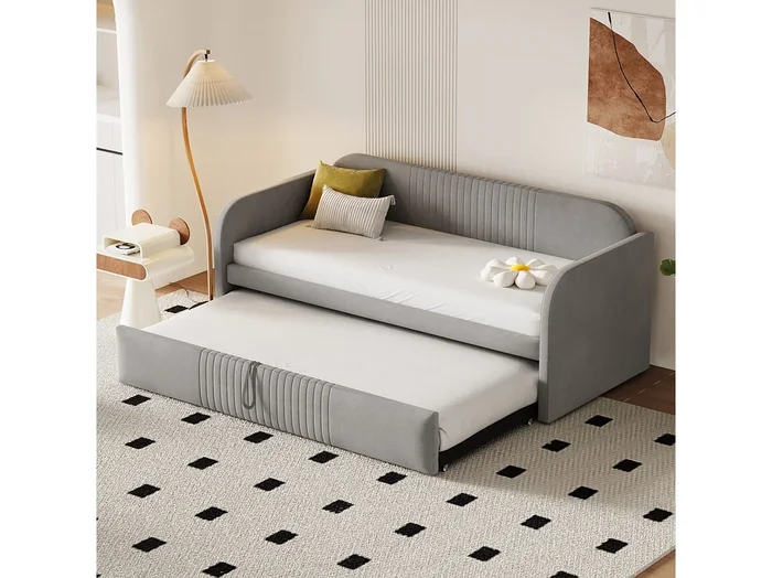 Sofá cama 90/180 x 190 cm – Lino gris claro – Cama para adulto con somier – Rayas verticales – Sin colchón