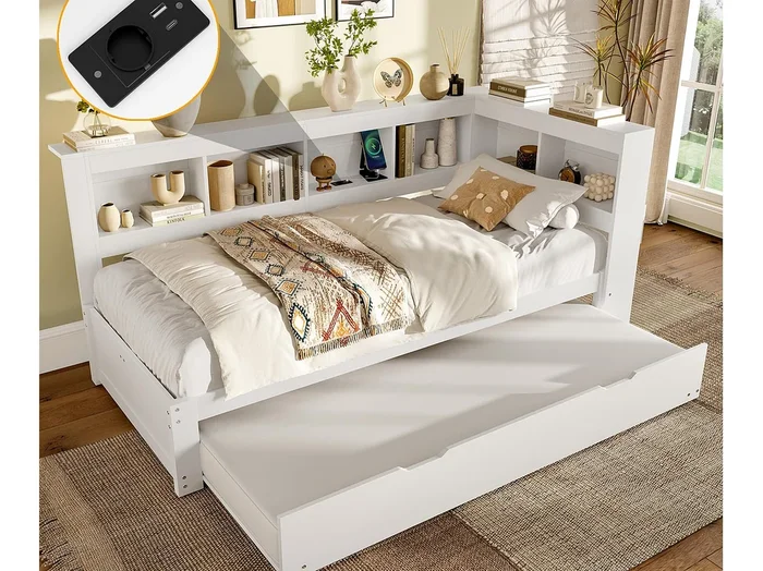 Sofá cama 90×200 cm – con cama nido – con toma de corriente + 2 USB – con somier de láminas – blanco (colchón no incluido)