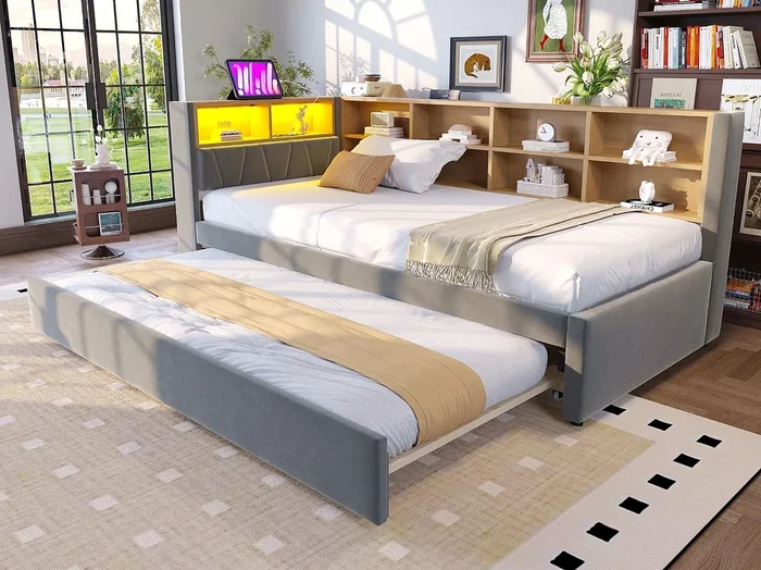 Sofá cama 90×200 cm – con cama nido 90×190 cm – con iluminación LED – toma de corriente – gris oscuro (colchón no incluido)