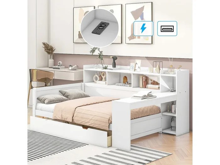 Sofá cama 90×200 cm MDF con escritorio integrado, 2 cajones y puertos USB blanco