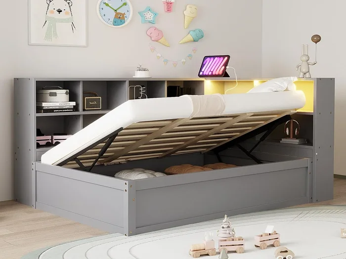 Sofá cama con almacenamiento 90×200 cm – con enchufe y almacenamiento – con barra luminosa – gris (sin colchón)