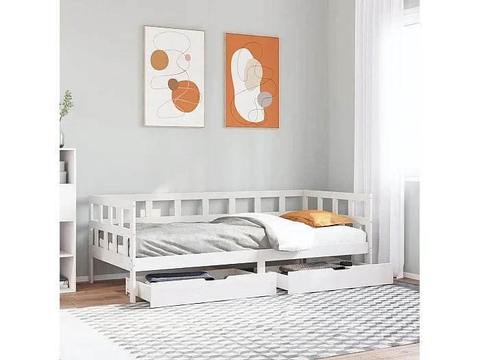 Sofá cama con cajones madera maciza de pino blanco 90×200 cm